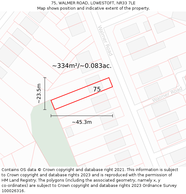 75, WALMER ROAD, LOWESTOFT, NR33 7LE: Plot and title map