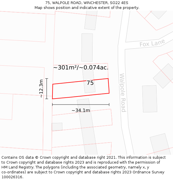 75, WALPOLE ROAD, WINCHESTER, SO22 4ES: Plot and title map