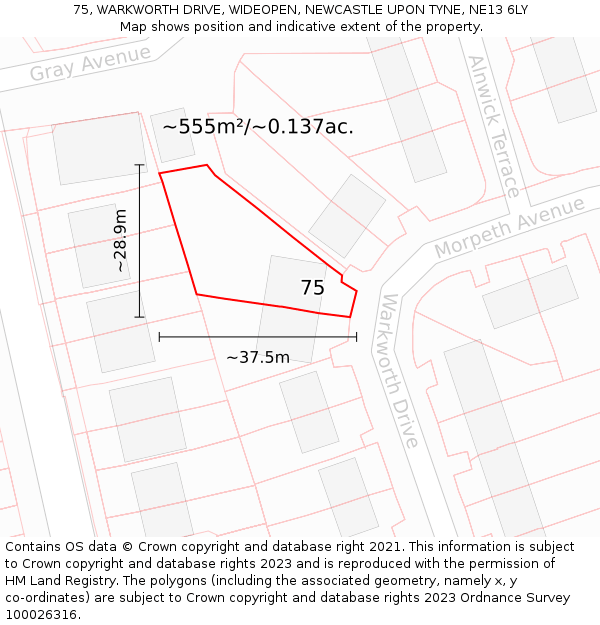 75, WARKWORTH DRIVE, WIDEOPEN, NEWCASTLE UPON TYNE, NE13 6LY: Plot and title map