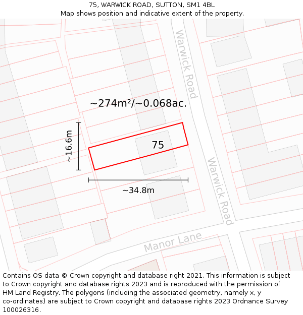 75, WARWICK ROAD, SUTTON, SM1 4BL: Plot and title map