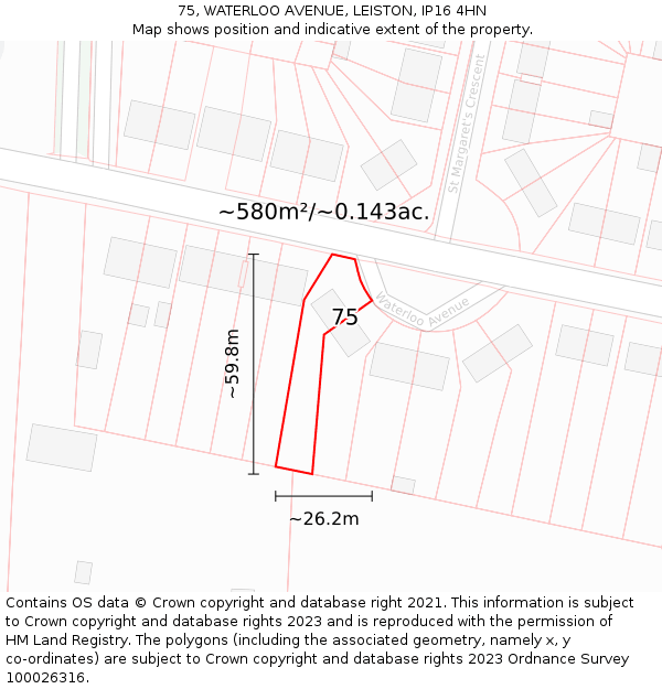 75, WATERLOO AVENUE, LEISTON, IP16 4HN: Plot and title map