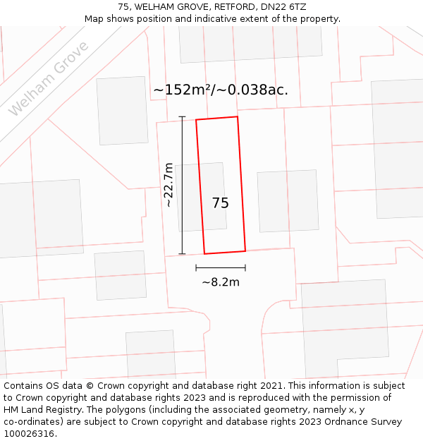 75, WELHAM GROVE, RETFORD, DN22 6TZ: Plot and title map