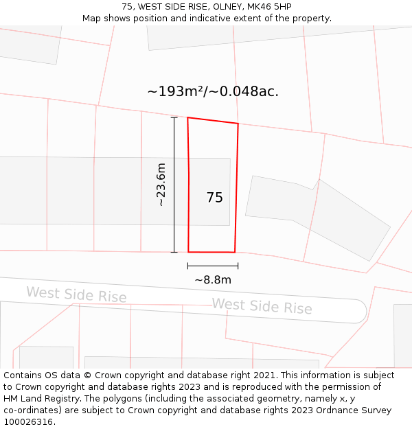 75, WEST SIDE RISE, OLNEY, MK46 5HP: Plot and title map