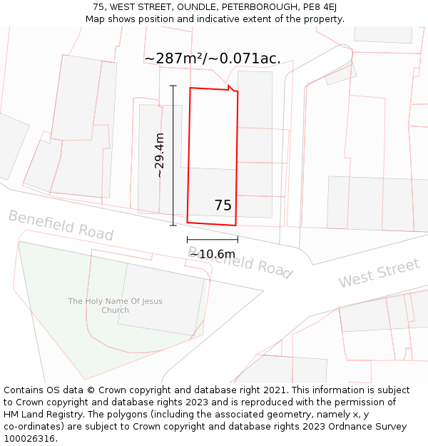75, WEST STREET, OUNDLE, PETERBOROUGH, PE8 4EJ: Plot and title map