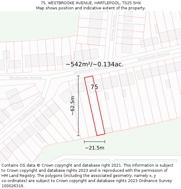 75, WESTBROOKE AVENUE, HARTLEPOOL, TS25 5HX: Plot and title map