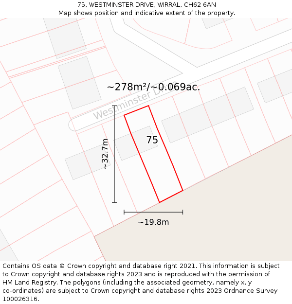 75, WESTMINSTER DRIVE, WIRRAL, CH62 6AN: Plot and title map