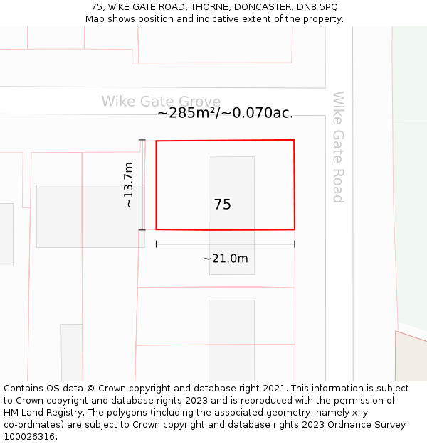 75, WIKE GATE ROAD, THORNE, DONCASTER, DN8 5PQ: Plot and title map