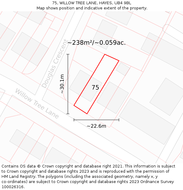 75, WILLOW TREE LANE, HAYES, UB4 9BL: Plot and title map