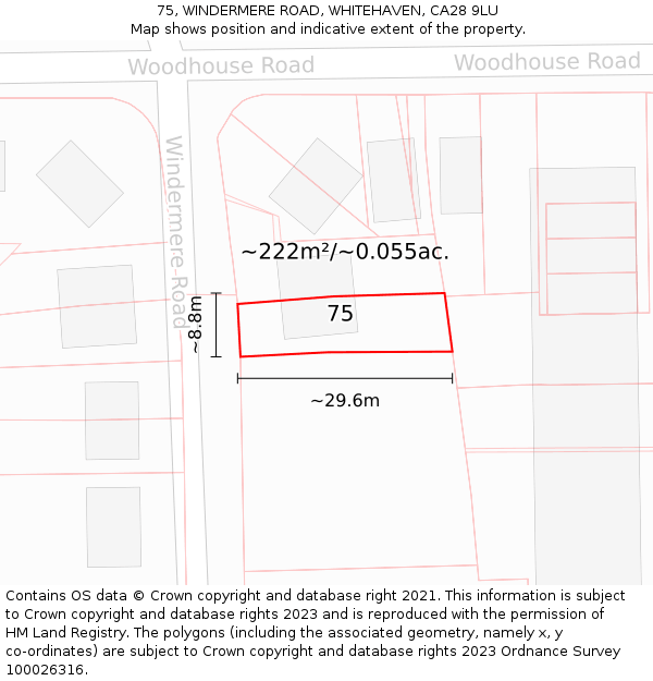 75, WINDERMERE ROAD, WHITEHAVEN, CA28 9LU: Plot and title map