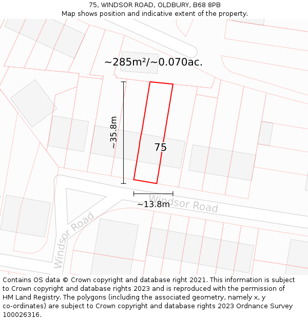 75, WINDSOR ROAD, OLDBURY, B68 8PB: Plot and title map