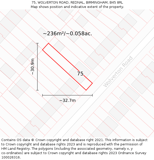 75, WOLVERTON ROAD, REDNAL, BIRMINGHAM, B45 8RL: Plot and title map