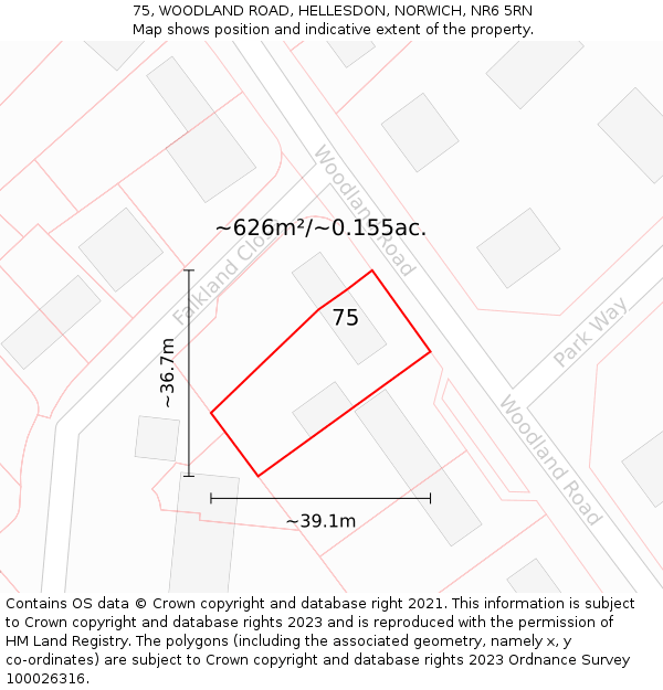75, WOODLAND ROAD, HELLESDON, NORWICH, NR6 5RN: Plot and title map