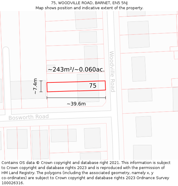 75, WOODVILLE ROAD, BARNET, EN5 5NJ: Plot and title map
