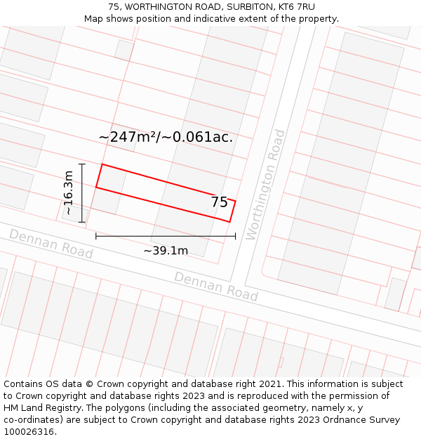 75, WORTHINGTON ROAD, SURBITON, KT6 7RU: Plot and title map