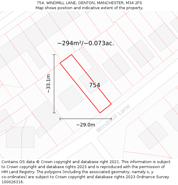 754, WINDMILL LANE, DENTON, MANCHESTER, M34 2FS: Plot and title map