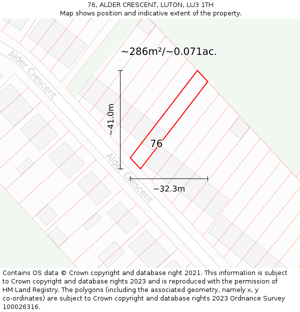 76, ALDER CRESCENT, LUTON, LU3 1TH: Plot and title map