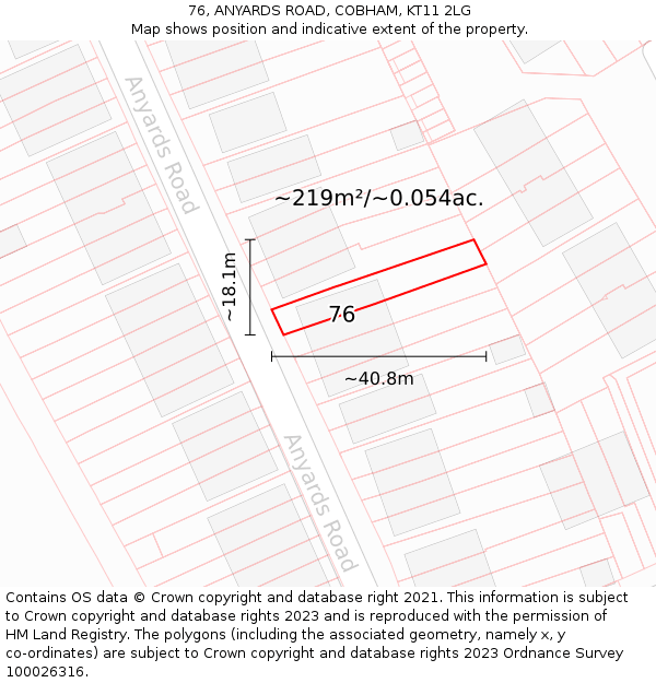 76, ANYARDS ROAD, COBHAM, KT11 2LG: Plot and title map