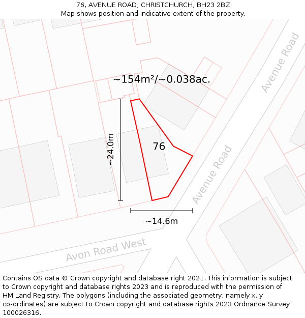 76, AVENUE ROAD, CHRISTCHURCH, BH23 2BZ: Plot and title map