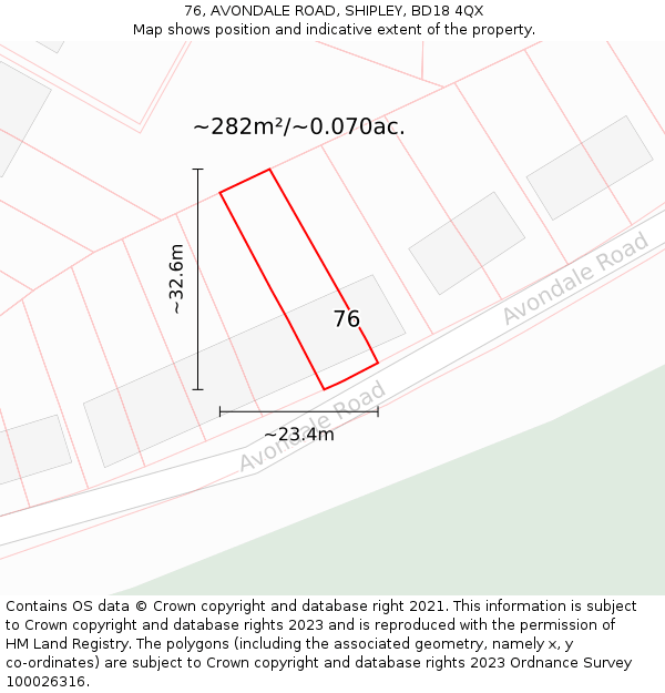 76, AVONDALE ROAD, SHIPLEY, BD18 4QX: Plot and title map