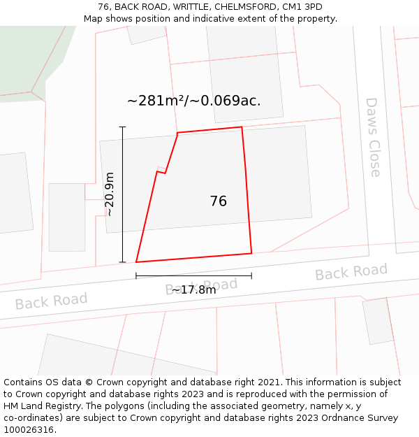 76, BACK ROAD, WRITTLE, CHELMSFORD, CM1 3PD: Plot and title map