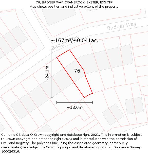 76, BADGER WAY, CRANBROOK, EXETER, EX5 7FP: Plot and title map