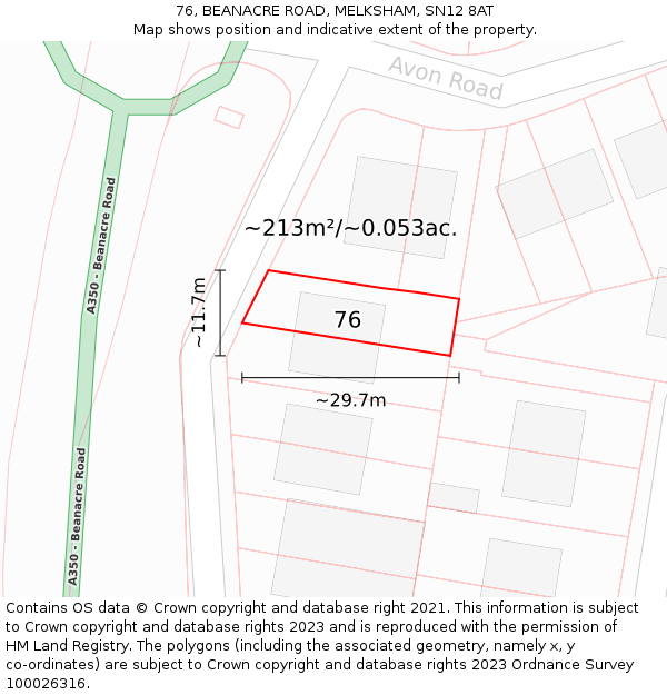 76, BEANACRE ROAD, MELKSHAM, SN12 8AT: Plot and title map