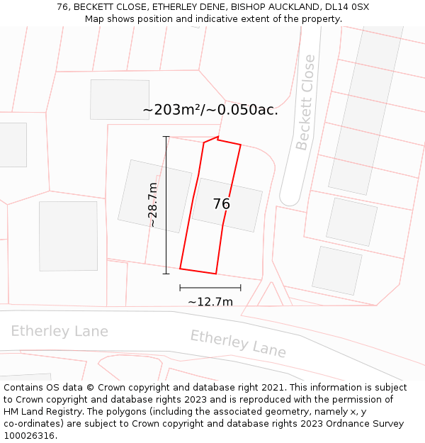 76, BECKETT CLOSE, ETHERLEY DENE, BISHOP AUCKLAND, DL14 0SX: Plot and title map