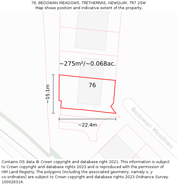 76, BEDOWAN MEADOWS, TRETHERRAS, NEWQUAY, TR7 2SW: Plot and title map