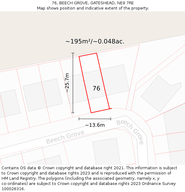 76, BEECH GROVE, GATESHEAD, NE9 7RE: Plot and title map