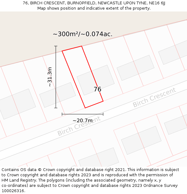 76, BIRCH CRESCENT, BURNOPFIELD, NEWCASTLE UPON TYNE, NE16 6JJ: Plot and title map