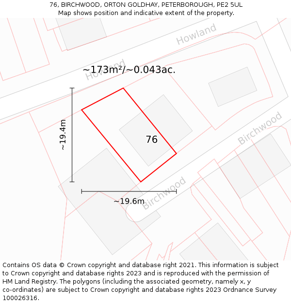 76, BIRCHWOOD, ORTON GOLDHAY, PETERBOROUGH, PE2 5UL: Plot and title map