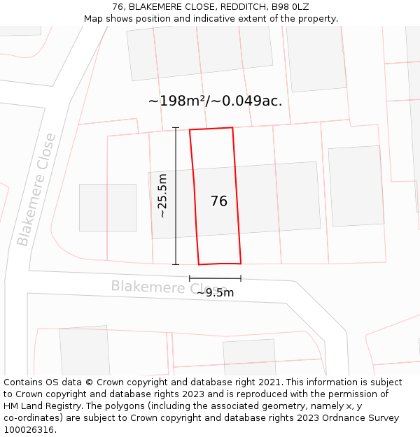 76, BLAKEMERE CLOSE, REDDITCH, B98 0LZ: Plot and title map