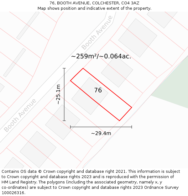 76, BOOTH AVENUE, COLCHESTER, CO4 3AZ: Plot and title map