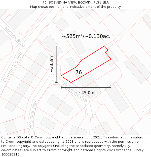 76, BOSVENNA VIEW, BODMIN, PL31 1BA: Plot and title map