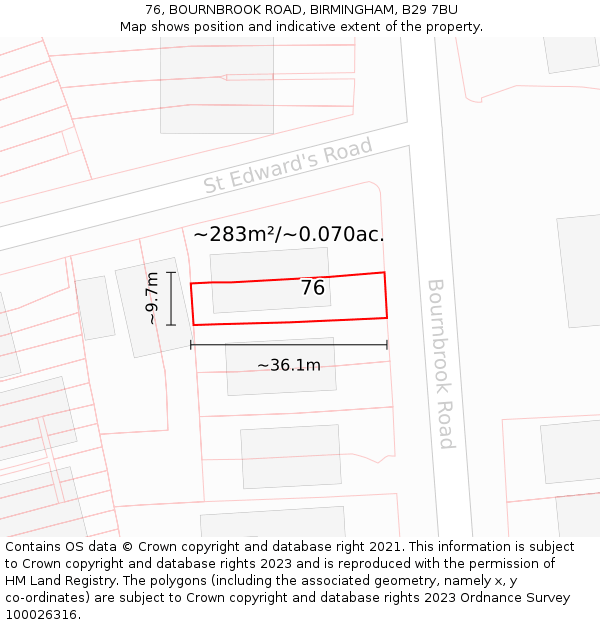 76, BOURNBROOK ROAD, BIRMINGHAM, B29 7BU: Plot and title map