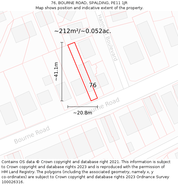 76, BOURNE ROAD, SPALDING, PE11 1JR: Plot and title map