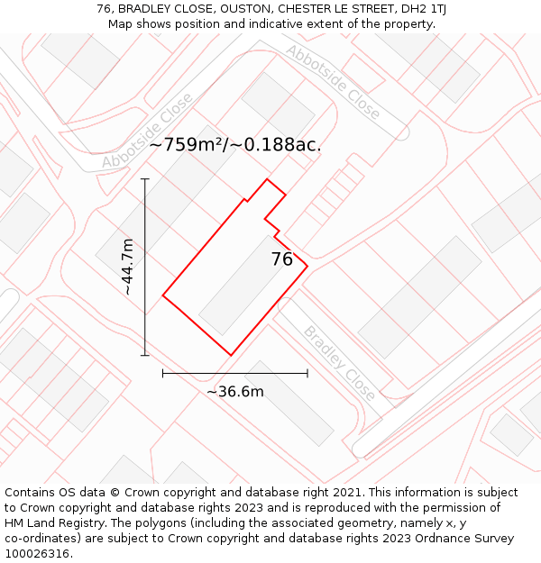 76, BRADLEY CLOSE, OUSTON, CHESTER LE STREET, DH2 1TJ: Plot and title map