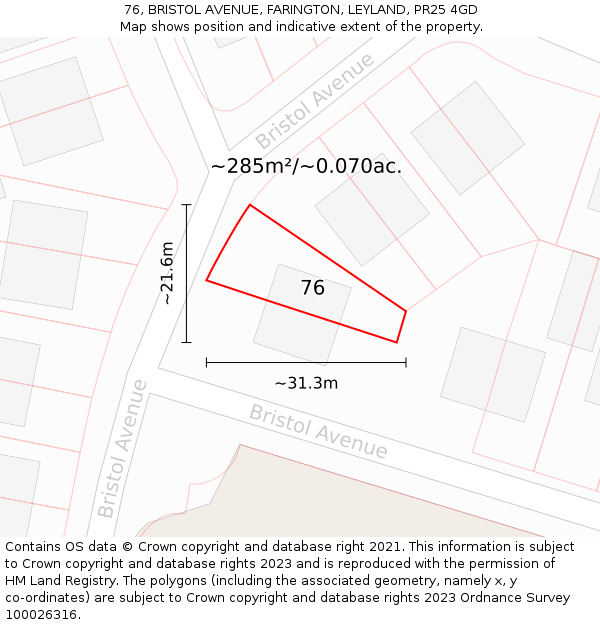 76, BRISTOL AVENUE, FARINGTON, LEYLAND, PR25 4GD: Plot and title map