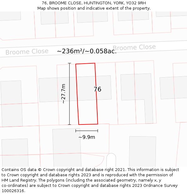 76, BROOME CLOSE, HUNTINGTON, YORK, YO32 9RH: Plot and title map