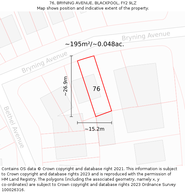 76, BRYNING AVENUE, BLACKPOOL, FY2 9LZ: Plot and title map