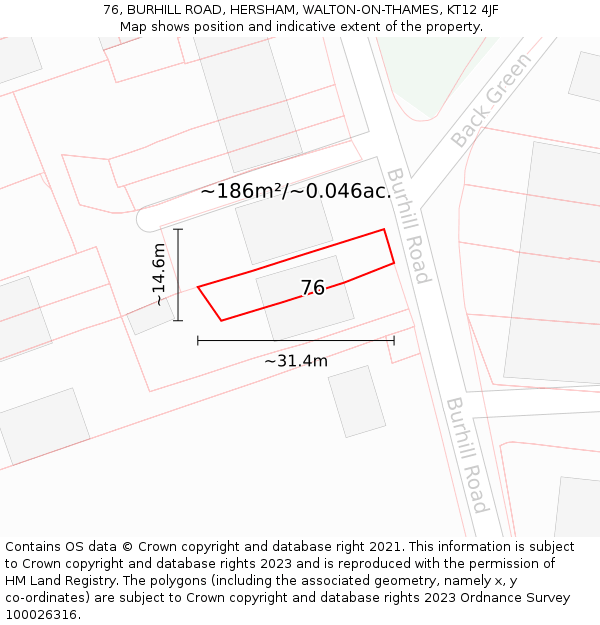 76, BURHILL ROAD, HERSHAM, WALTON-ON-THAMES, KT12 4JF: Plot and title map