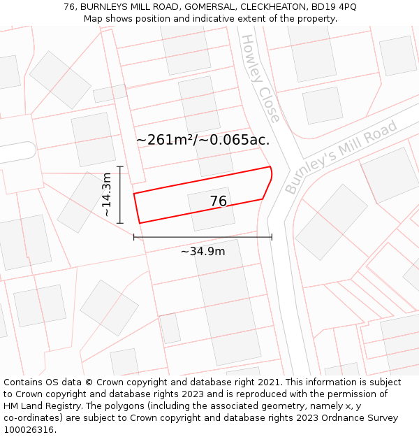 76, BURNLEYS MILL ROAD, GOMERSAL, CLECKHEATON, BD19 4PQ: Plot and title map