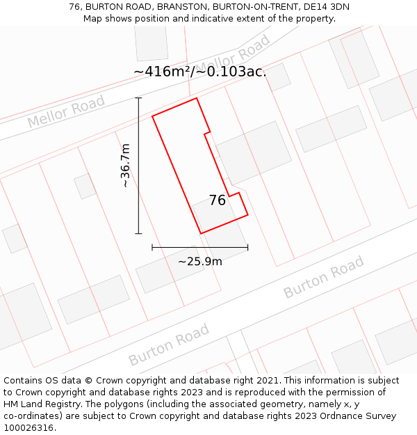 76, BURTON ROAD, BRANSTON, BURTON-ON-TRENT, DE14 3DN: Plot and title map
