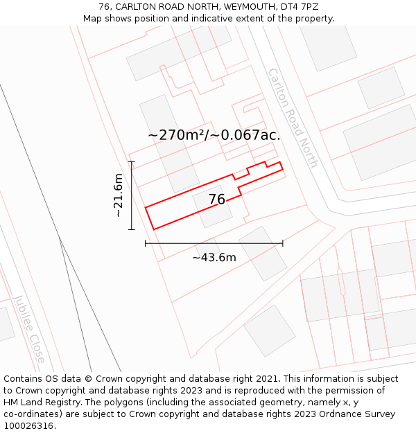76, CARLTON ROAD NORTH, WEYMOUTH, DT4 7PZ: Plot and title map