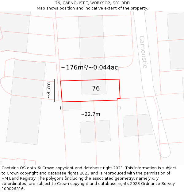 76, CARNOUSTIE, WORKSOP, S81 0DB: Plot and title map