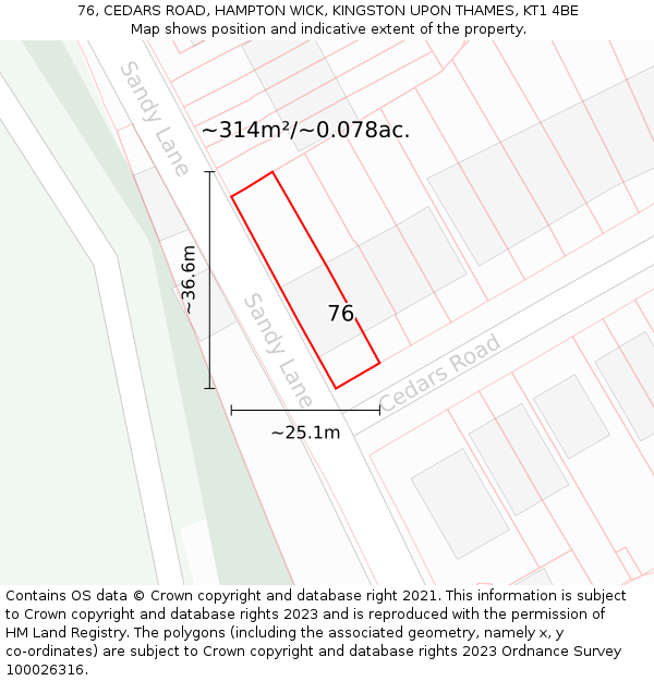 76, CEDARS ROAD, HAMPTON WICK, KINGSTON UPON THAMES, KT1 4BE: Plot and title map