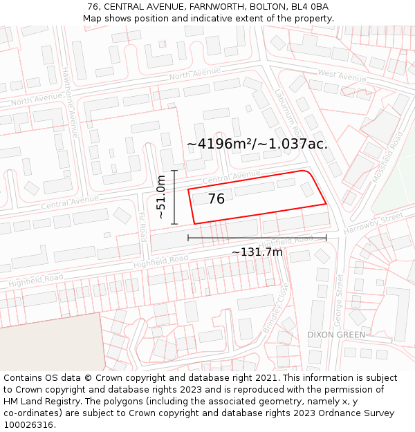 76, CENTRAL AVENUE, FARNWORTH, BOLTON, BL4 0BA: Plot and title map