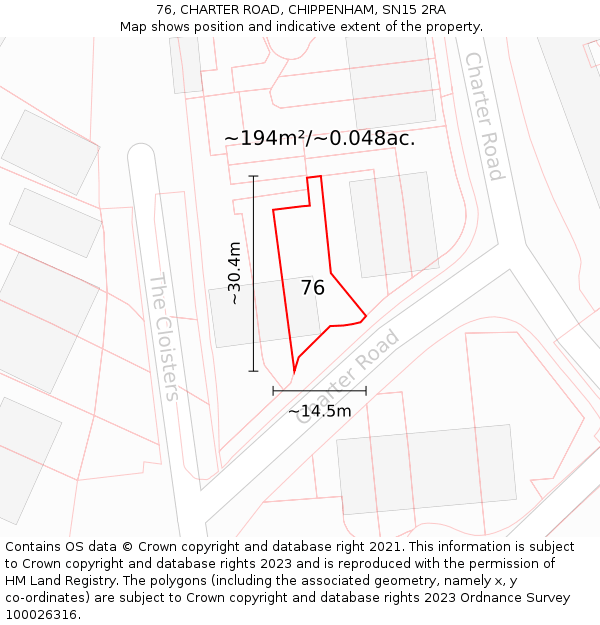 76, CHARTER ROAD, CHIPPENHAM, SN15 2RA: Plot and title map