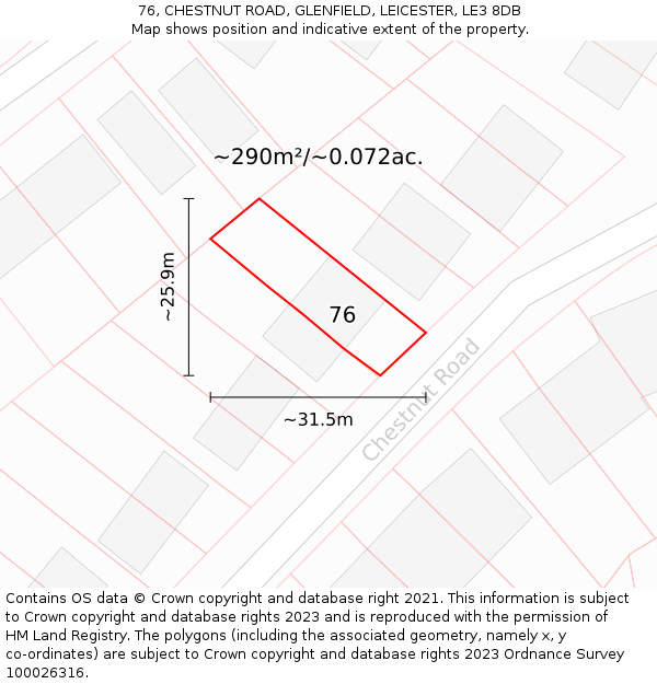 76, CHESTNUT ROAD, GLENFIELD, LEICESTER, LE3 8DB: Plot and title map