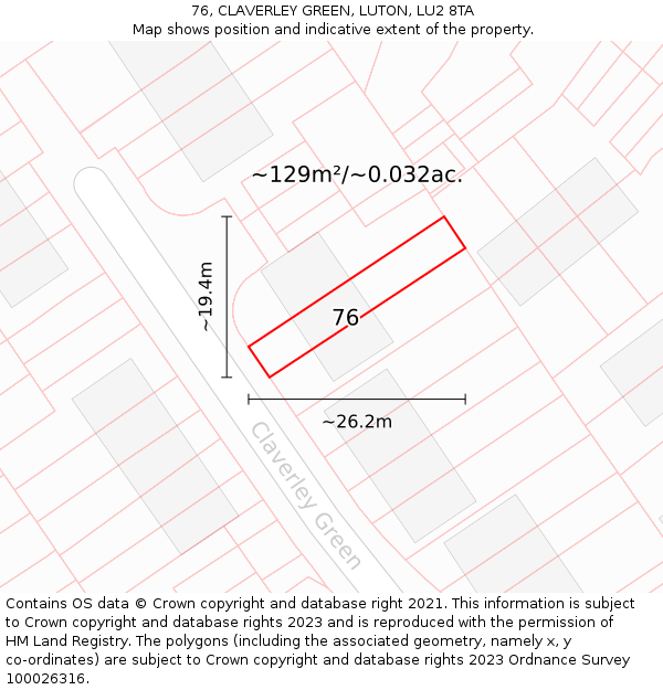 76, CLAVERLEY GREEN, LUTON, LU2 8TA: Plot and title map